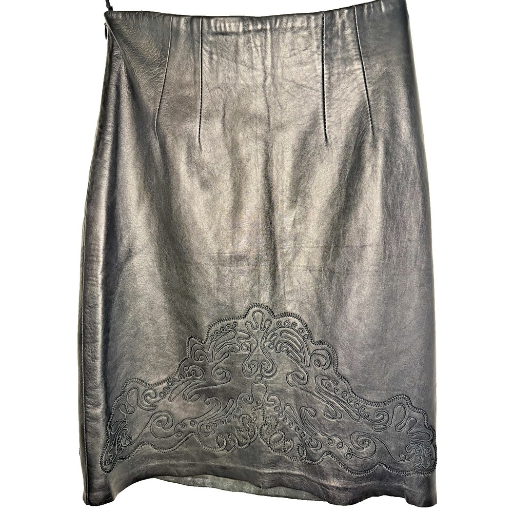 Erez Levy Vintage Size 6 Black‎ Leather Skirt Embroidered Made in USA